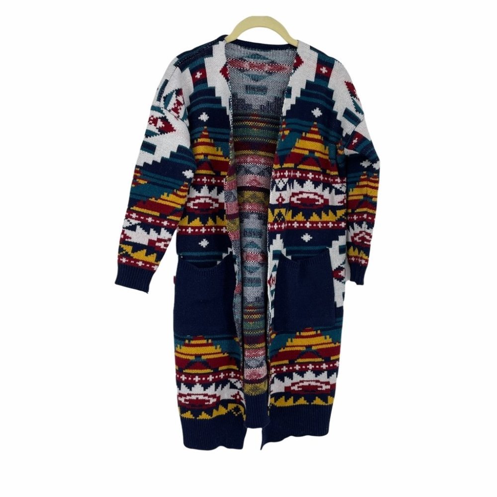 Hand knit multicolour Aztec open cardigan sweater with large pockets